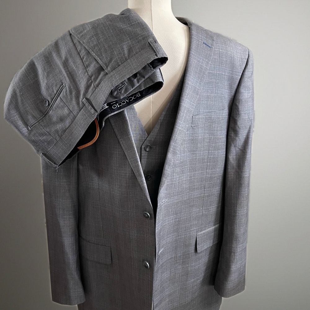 Bocaccio Uomo 3pc. Gray Windowpane Suit - Sport Coat 46L Vest Pants 40 x 30